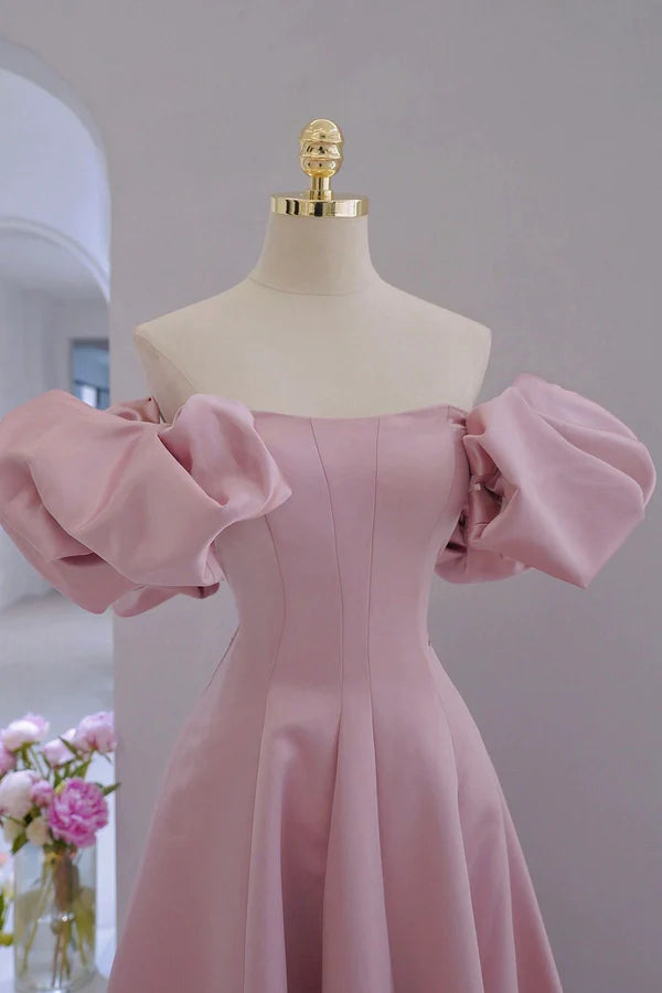 Wholesale Pink Satin Long A-Line Prom Dress Pink Puff Sleeves Formal Evening Dress